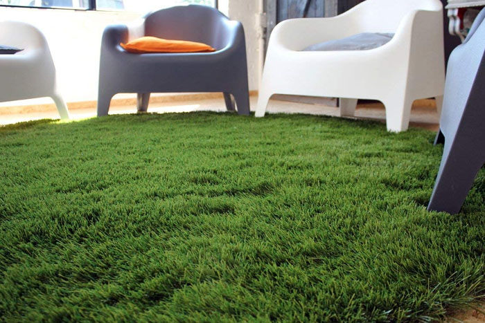 installed fake grass carpet in living room (photo)
